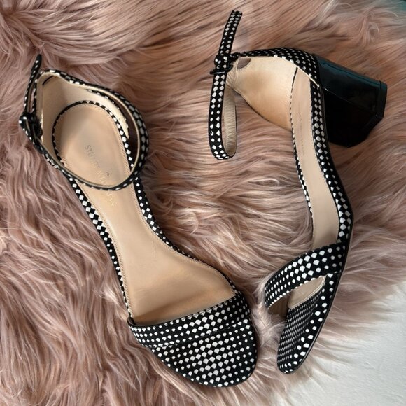 Stuart Weitzman Simple Block Heel Ankle Strap Sandals Black White - Picture 1 of 7